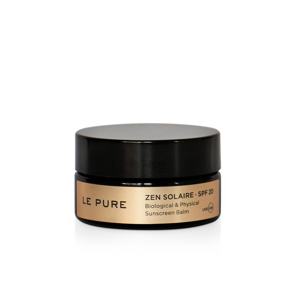 LE PURE Zen Solaire Sonnenbalsam SPF 20 – schwarzer Tiegel mit goldener Beschriftung, weißer Hintergrund – Hautpflege