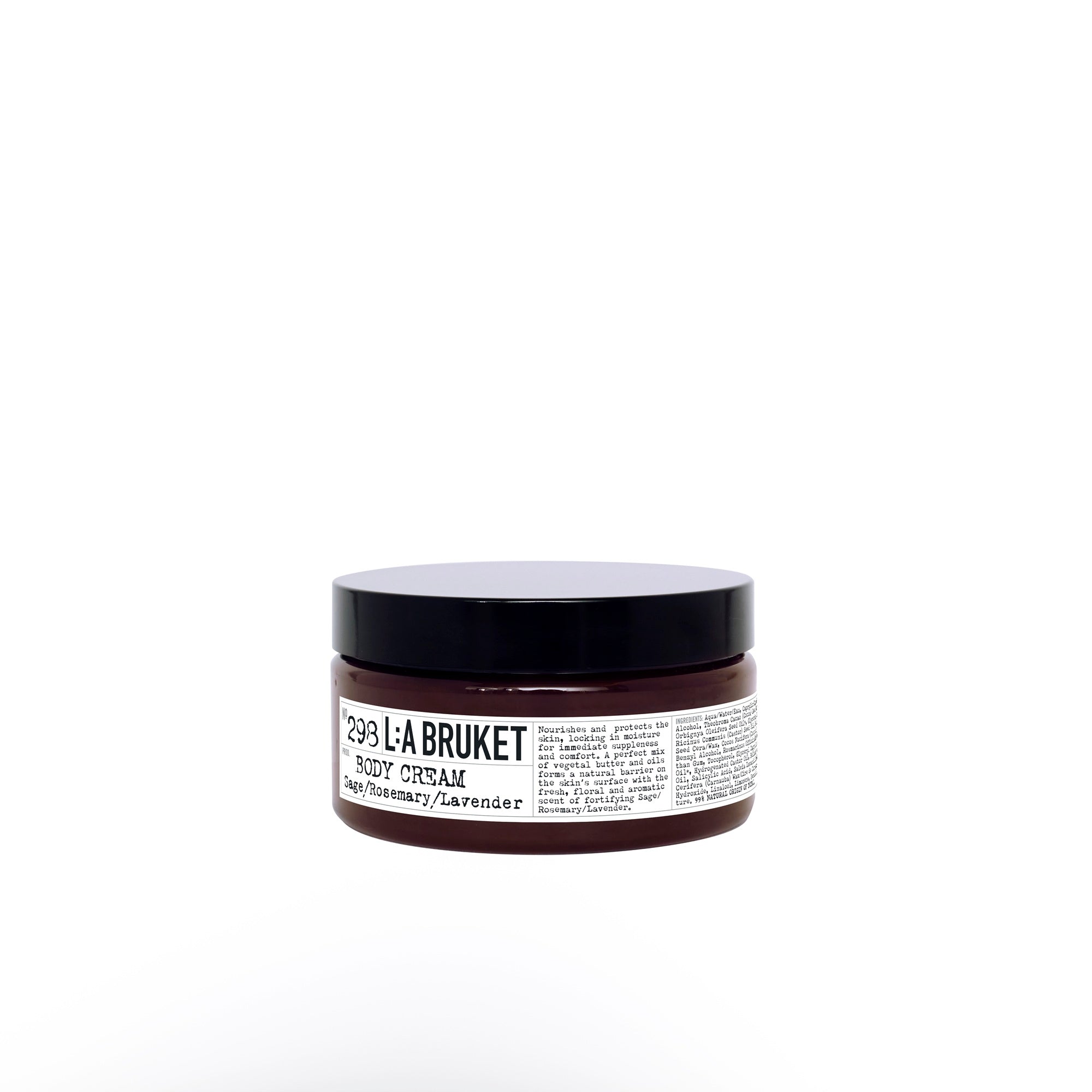 L:A BRUKET No. 298 Body Cream – brown glass jar with black lid, white label on white background – body care