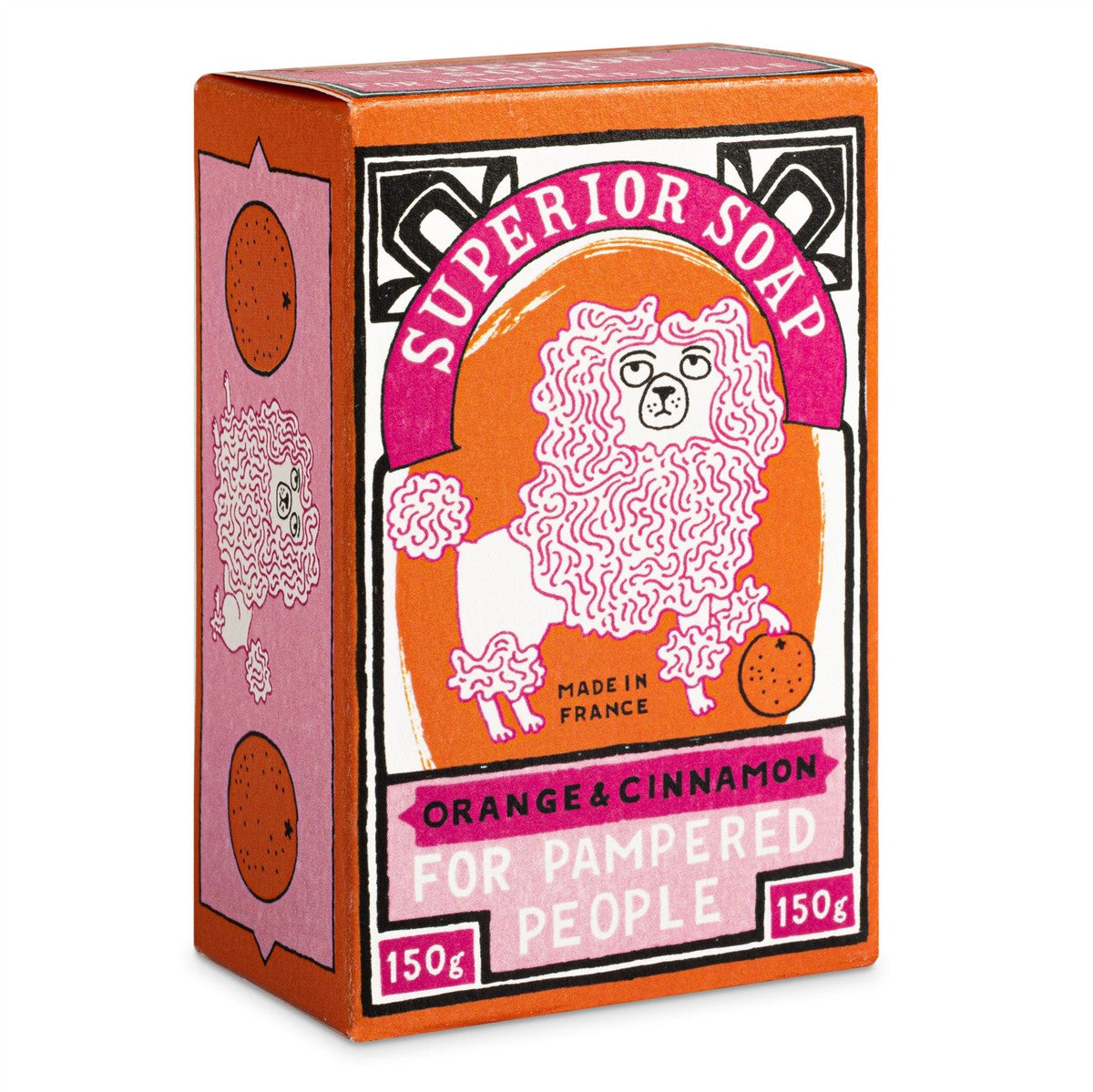 Superior Soap Orange & Cinnamon – orangefarbene Kartonverpackung 150g, rosa Akzente, weißer Hintergrund – Handpflege
