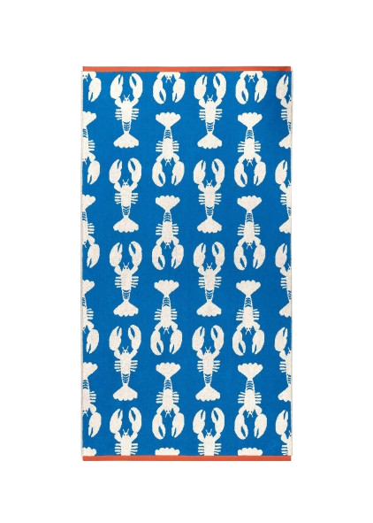 Lobster Blue Organic Cotton Beach Towel – blue with white lobster print, orange border – beach accessories