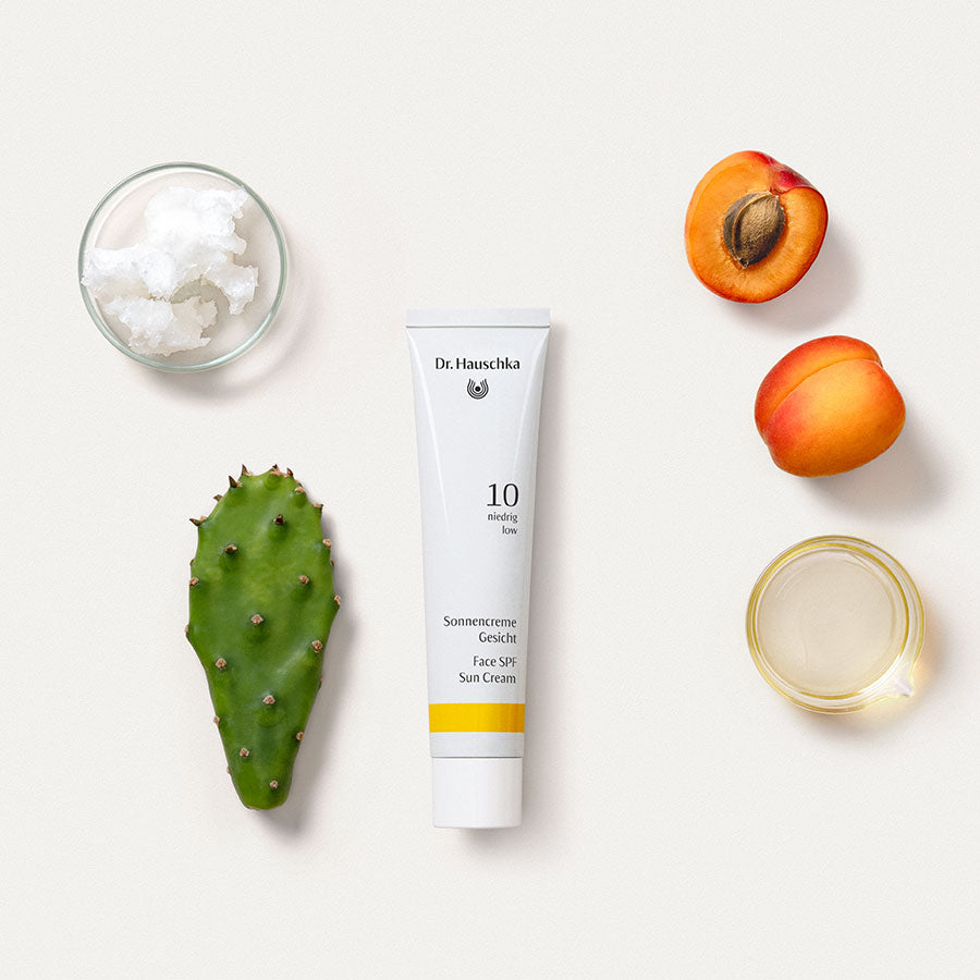 Dr. Hauschka Sonnencreme Gesicht LSF 10 – weiße Tube mit gelbem Streifen, weißer Hintergrund – Hautpflege