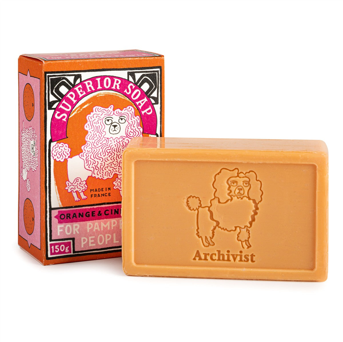 Archivist Orange & Zimt Seife – orangefarbene Seife 150g mit Pudel-Relief, farbenfrohe Verpackung, weißer Hintergrund – Hautpflege