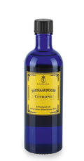 Saunaaufguss Citrone – blaue Glasflasche mit schwarzer Kappe, gelbes Etikett, weißer Hintergrund – Sauna-Aromapflege