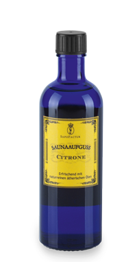 Saunaaufguss Citrone – blaue Glasflasche mit schwarzer Kappe, gelbes Etikett, weißer Hintergrund – Sauna-Aromapflege