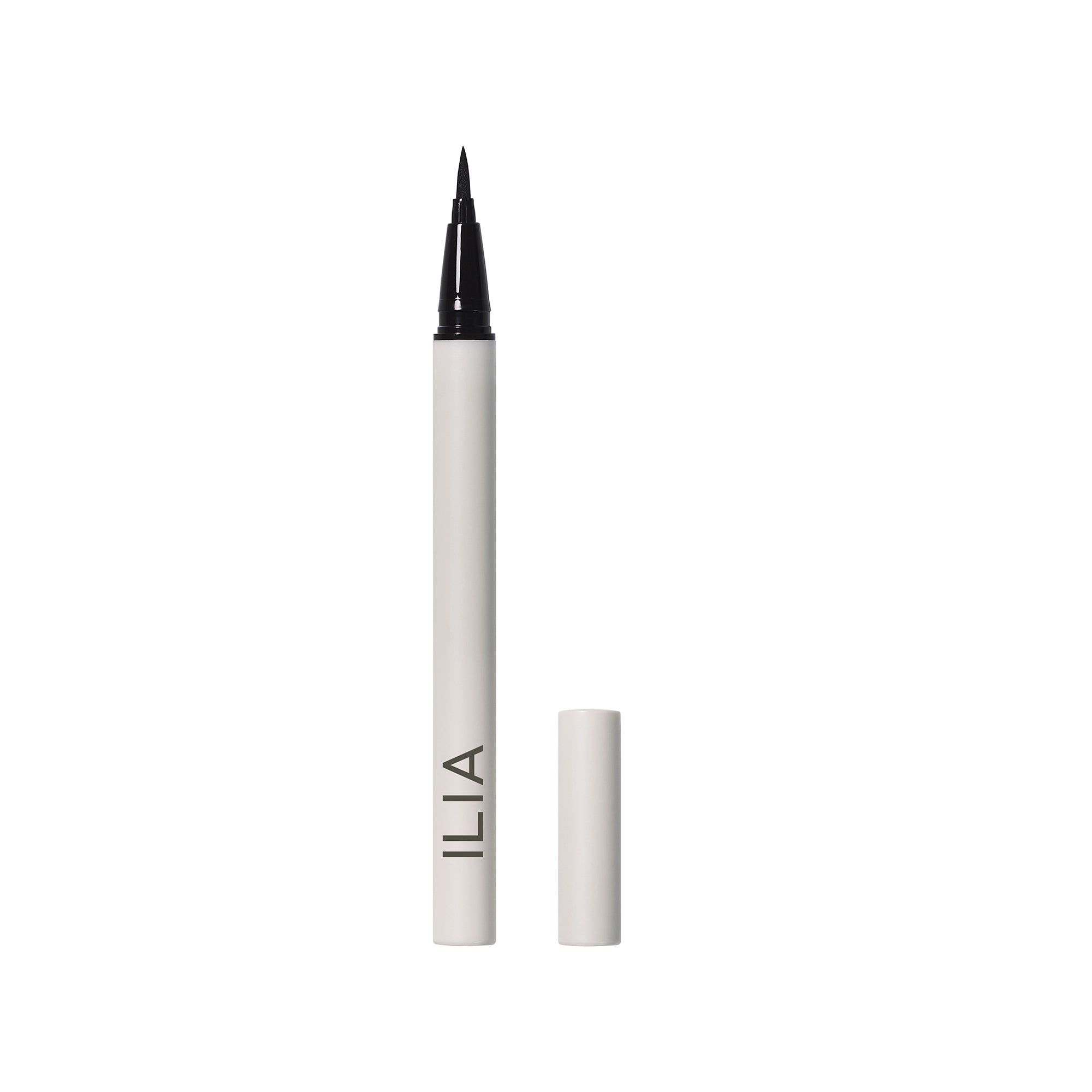 ILIA Clean Liquid Liner Midnight Express – weißer Stift mit schwarzem Pinsel, weißer Hintergrund – Augen-Make-up