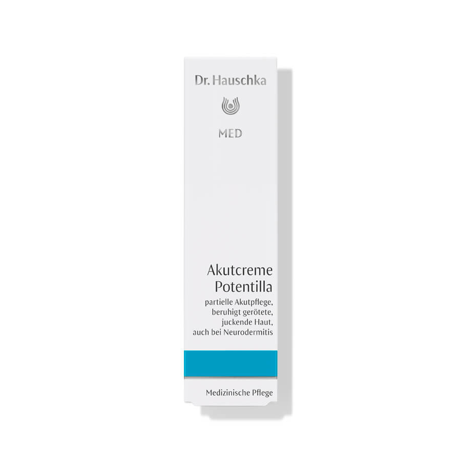 Dr. Hauschka MED Akutcreme Potentilla – weiße Tube mit blauem Streifen, weißer Hintergrund – Hautpflege