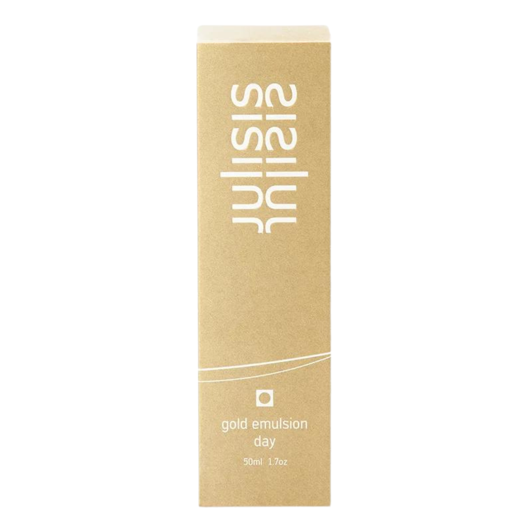 Julisis Gold Emulsion Day – goldene Kartonverpackung 50ml, weißer Hintergrund – Hautpflege