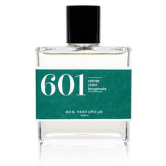 Bon Parfumeur 601 Vetiver Parfümflakon mit schwarzem Verschluss und grünem Etikett auf weißem Hintergrund, Duft