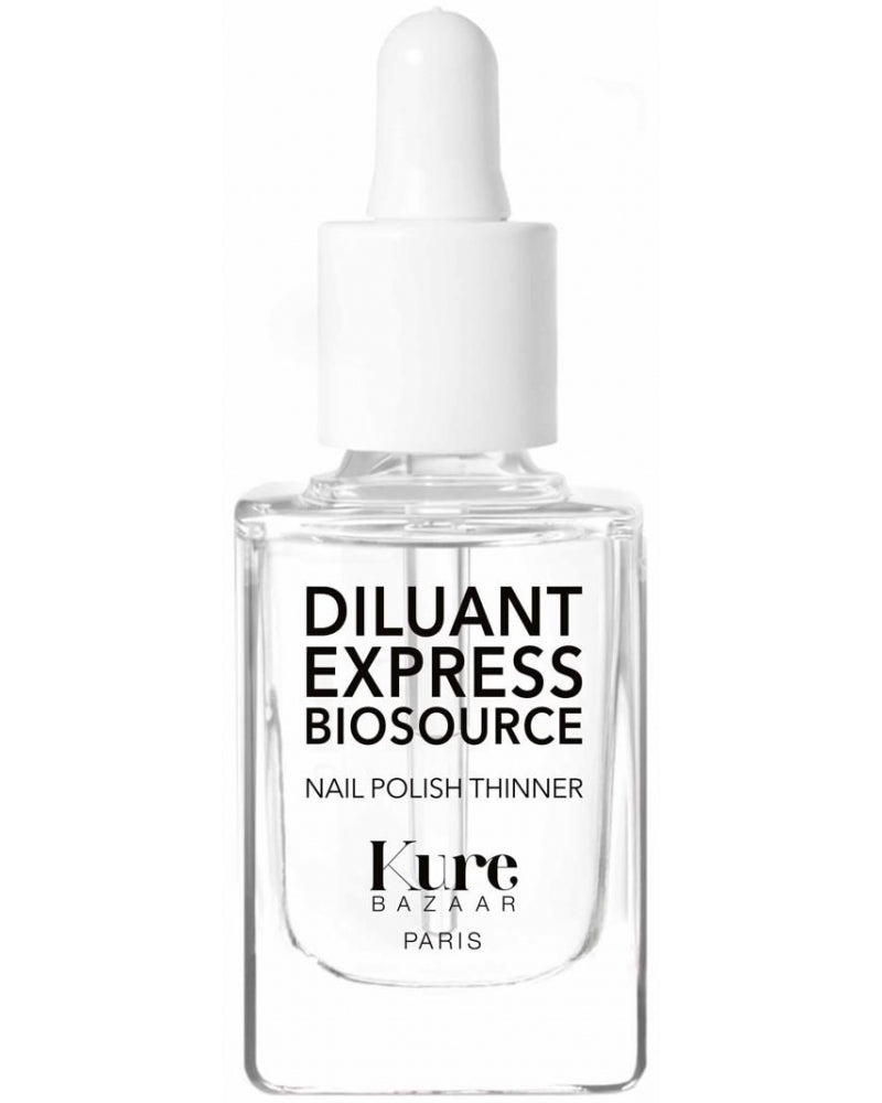 Diluant Express Biosource von Kure Bazaar – klares Glasfläschchen mit weißem Tropfverschluss, weißem Hintergrund – Nagelpflege