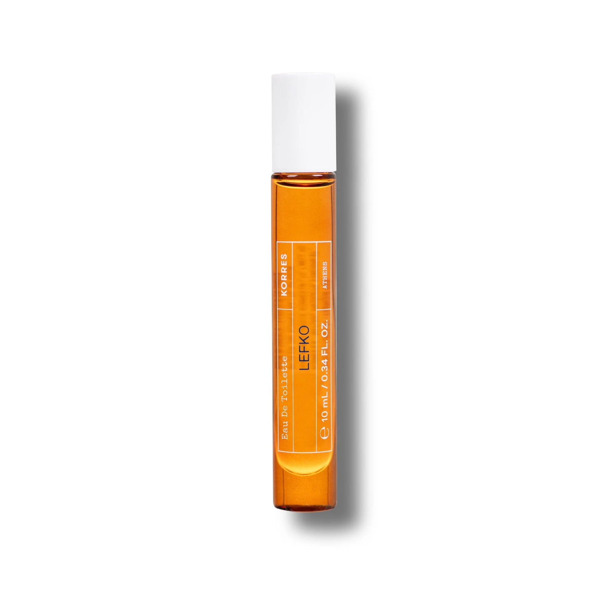 Lefko Eau de Toilette Roller – orangefarbene Glasflasche 10ml, weißer Deckel, weißer Hintergrund – Parfüm