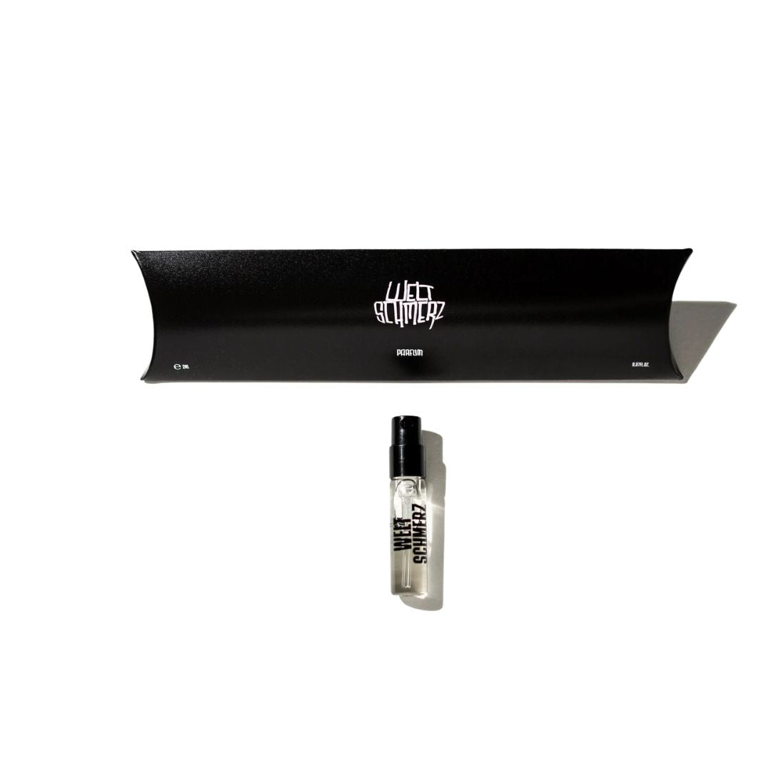Weltschmerz Parfum – 2ml Sprayfläschchen mit schwarzem Zerstäuber, schwarze Verpackung, weißer Hintergrund – Parfüm