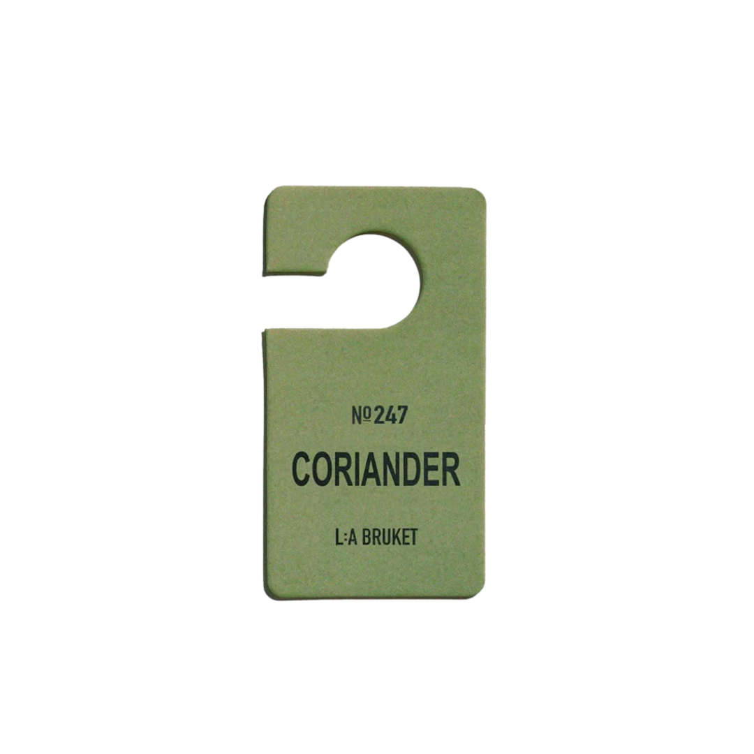 L:A Bruket No. 247 Fragrance Tag Coriander – olive green rectangle with hole, white background – room fragrance