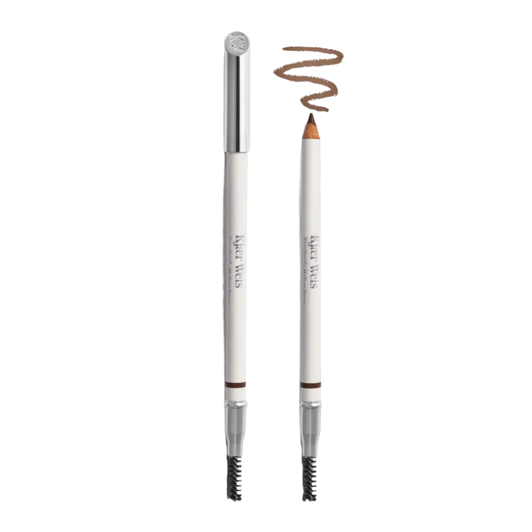 Kjaer Weis Brow Pencil – white pencil with silver cap, brown lead, white background – brow styling