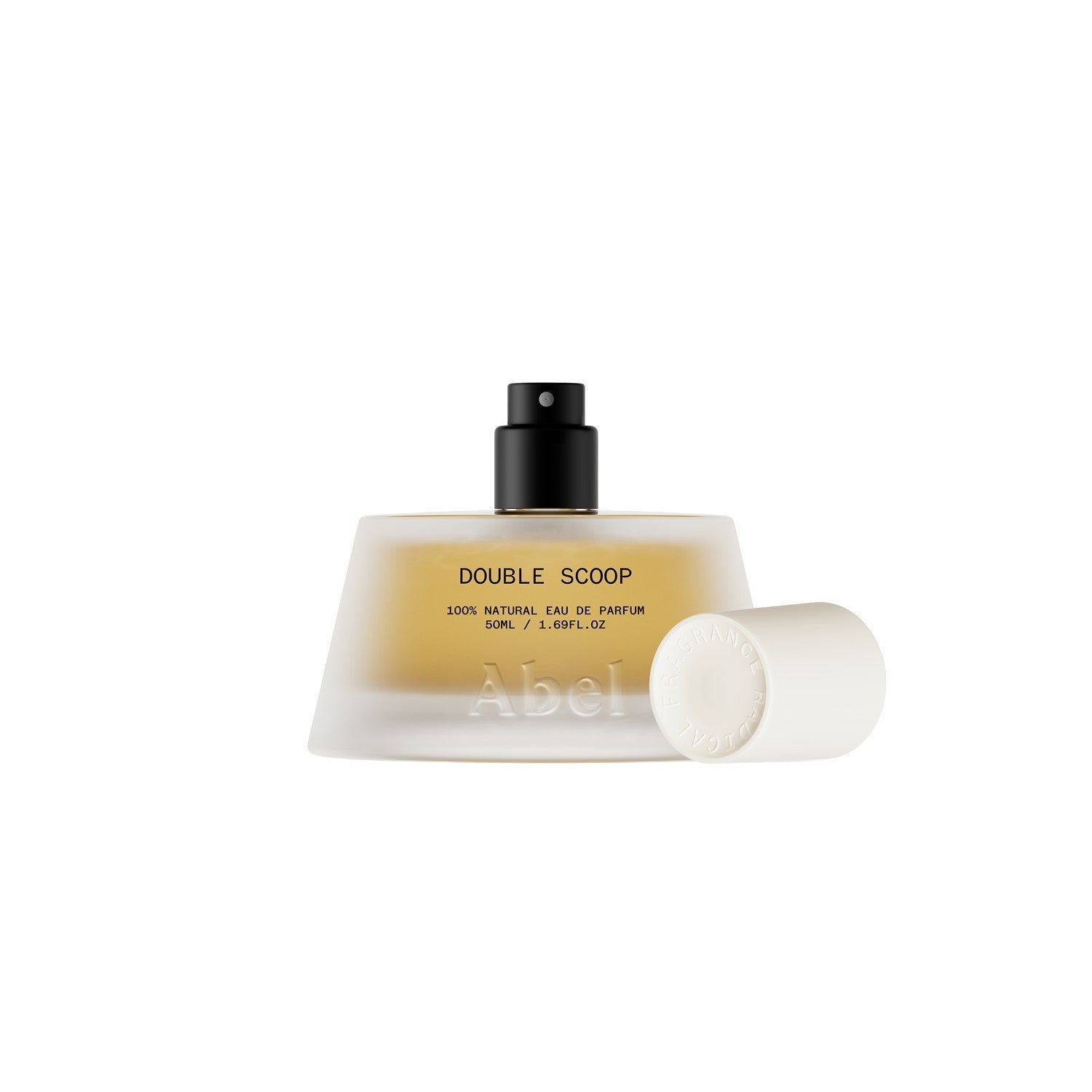 Abel Double Scoop Eau de Parfum – 50ml Sprühflasche, weißes Glas, schwarzer Zerstäuber, weißer Hintergrund – Parfüm
