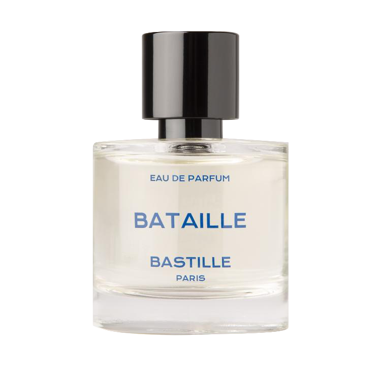 Bataille Eau de Parfum – klares Glasflakon mit schwarzem Deckel, weißem Hintergrund – Parfüm
