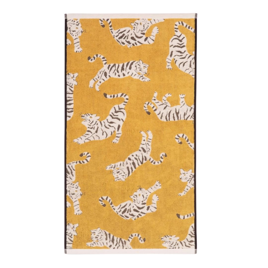 Tigers Organic Cotton Bath Towel with white tigers on mustard yellow background – beach towel