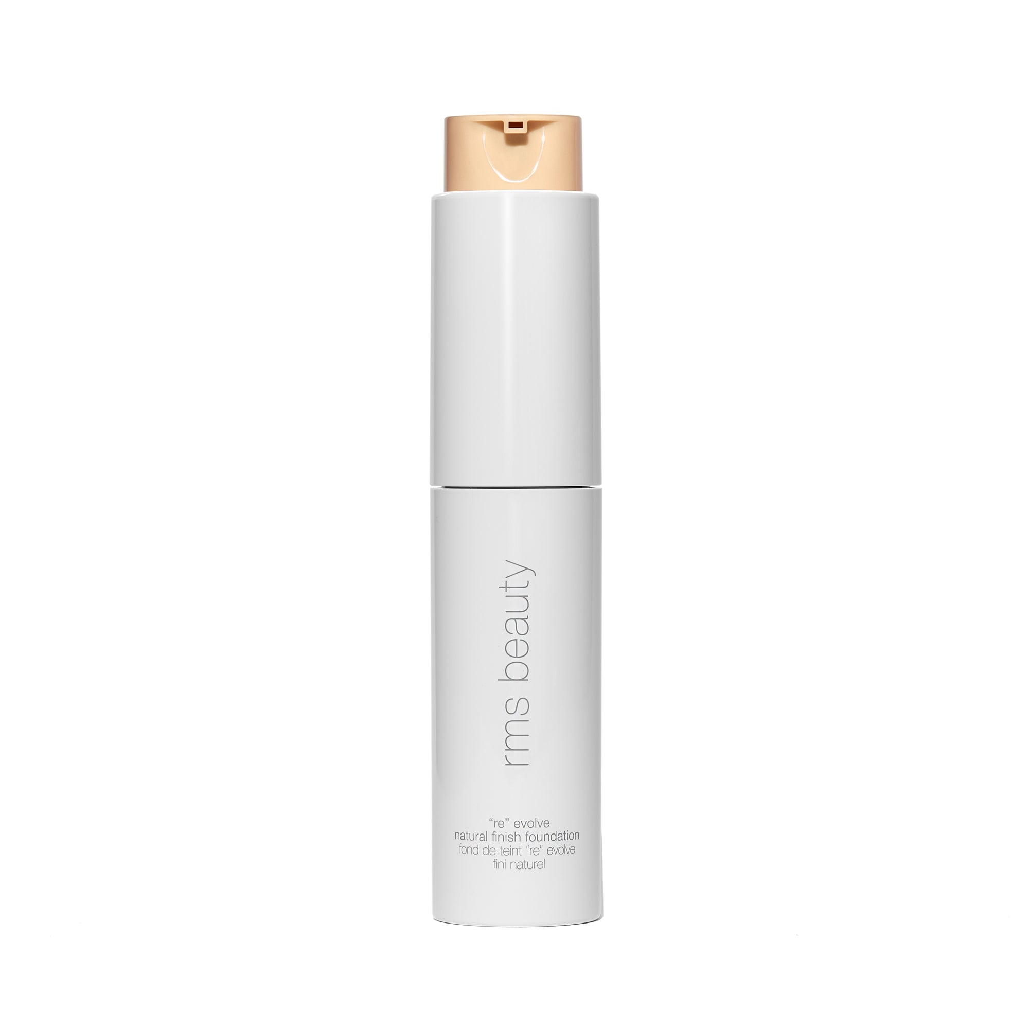 rms beauty Re Evolve Natural Finish Liquid Foundation – weißes Fläschchen mit roségoldenem Pumpdeckel, weißem Hintergrund – Make-up