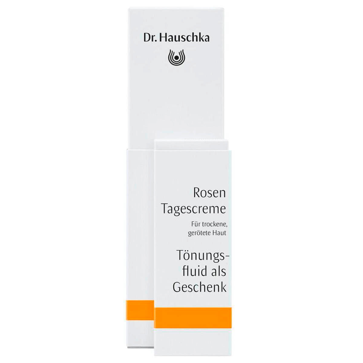 Dr. Hauschka Rosen Day Cream + Tinting Fluid – white cardboard packaging with orange stripe, white background – skin care
