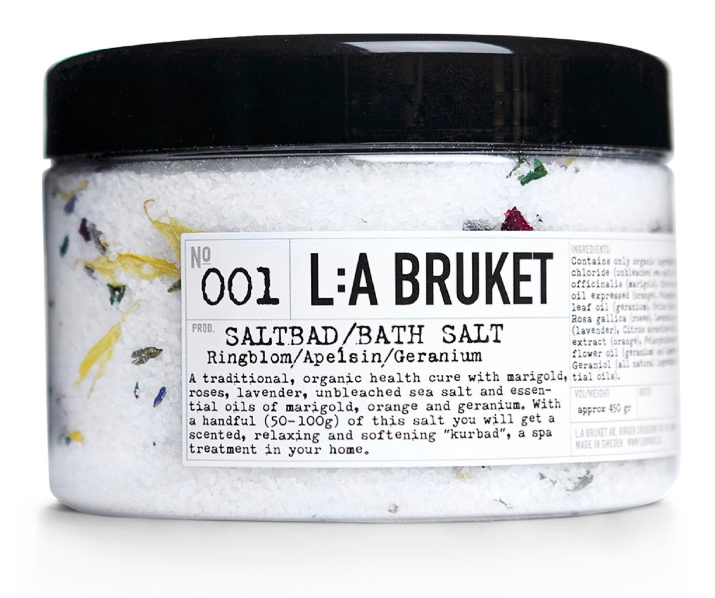 L:A BRUKET No. 001 Badesalz – durchsichtige Dose mit schwarzem Deckel, ca. 450g, weißer Hintergrund – Badekur