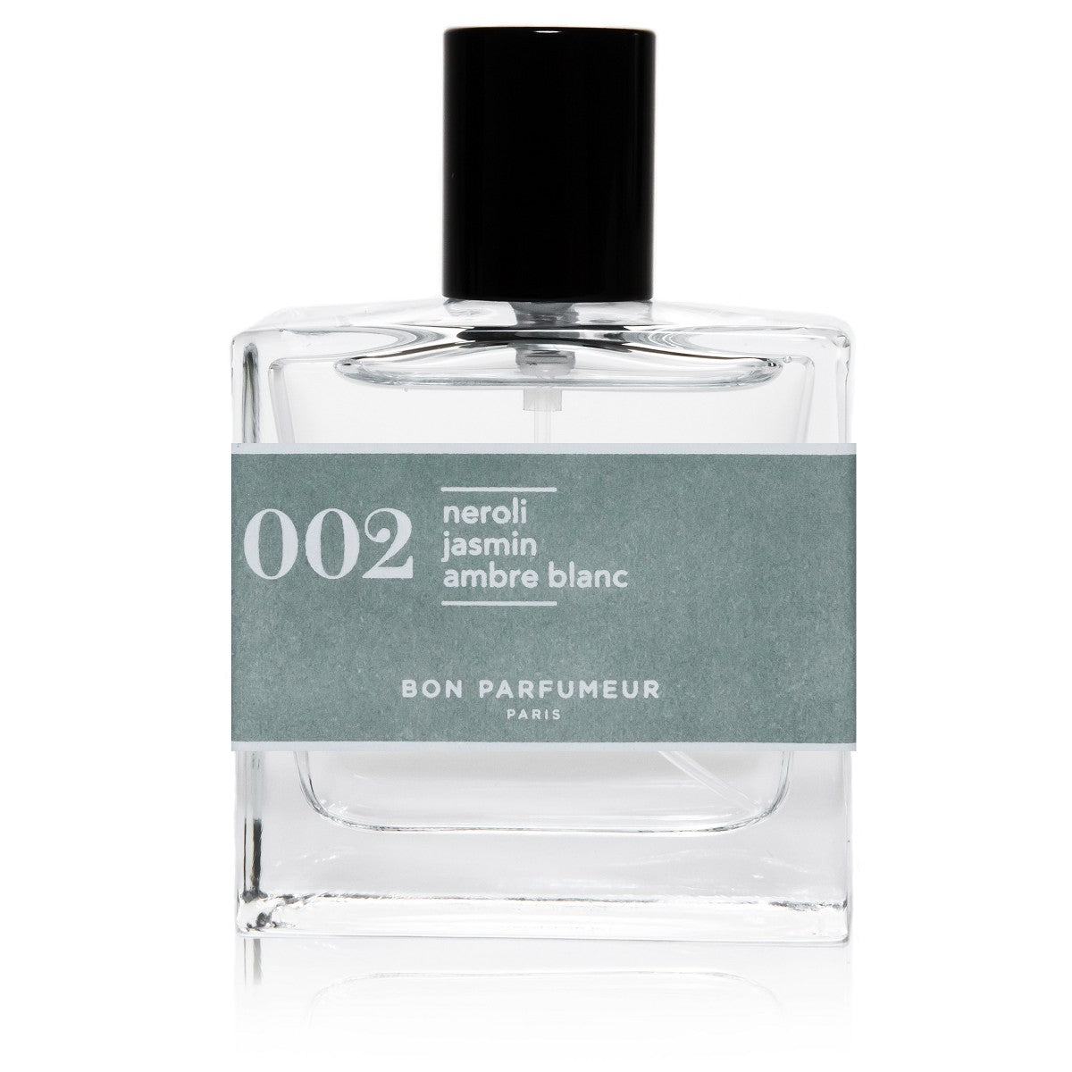 Bon Parfumeur 002 Neroli – klares Glasfläschchen 30ml, schwarzer Verschluss, weißer Hintergrund – Parfüm