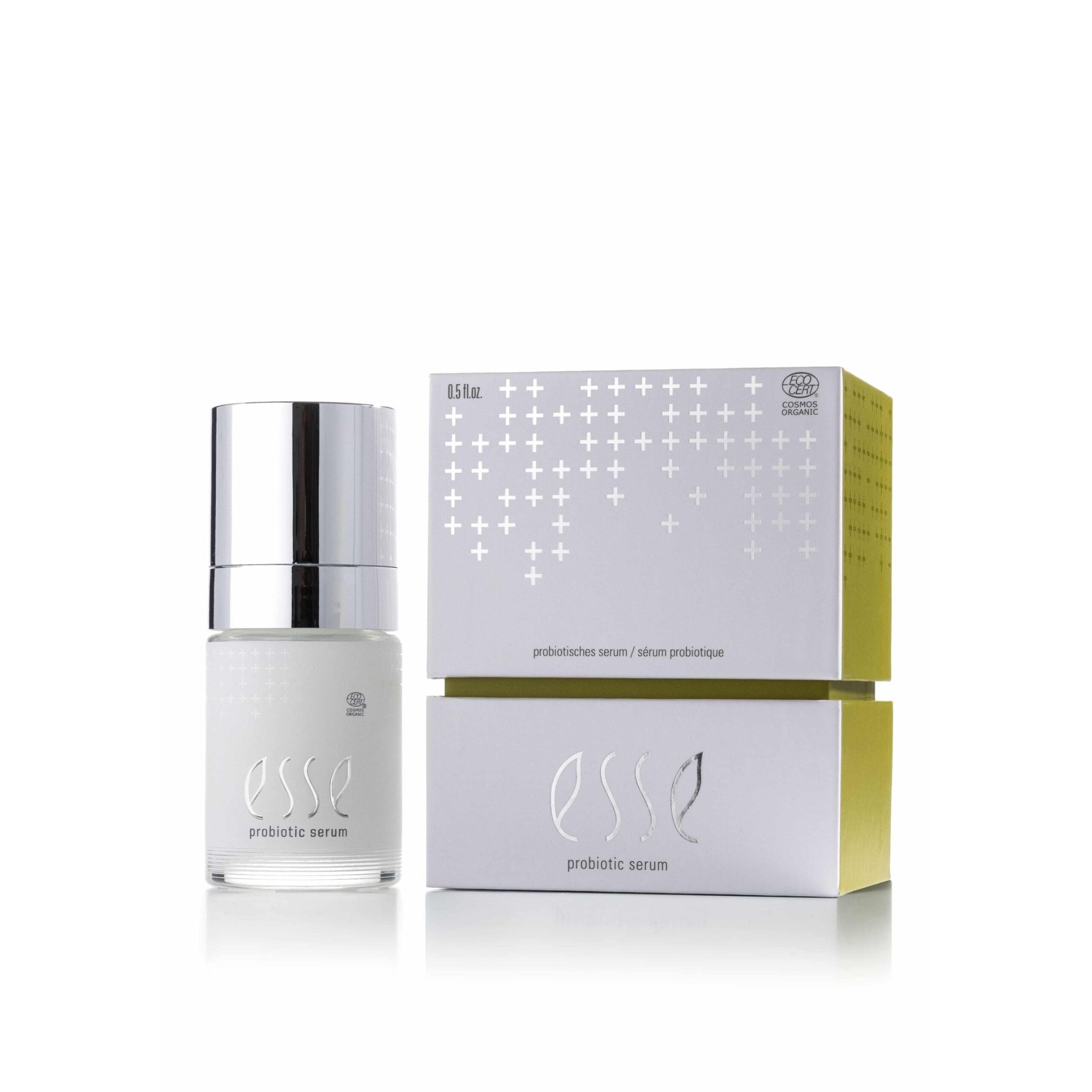 Esse R10 Plus Probiotic Serum in einer weißen Flasche mit silbernem Verschluss und Box, Hautpflege.