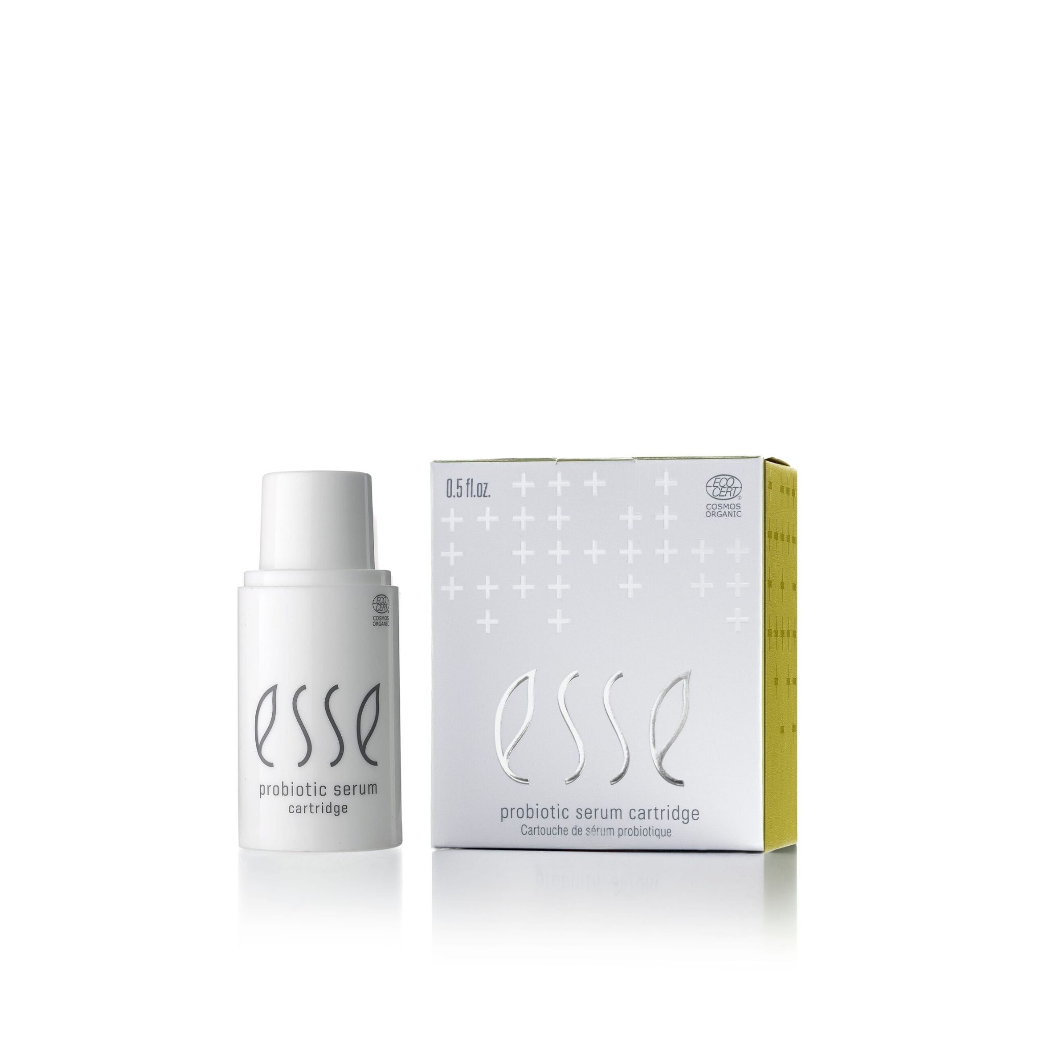Esse R10 Plus Probiotic Serum cartridge, white bottle with cap and box, skin care.