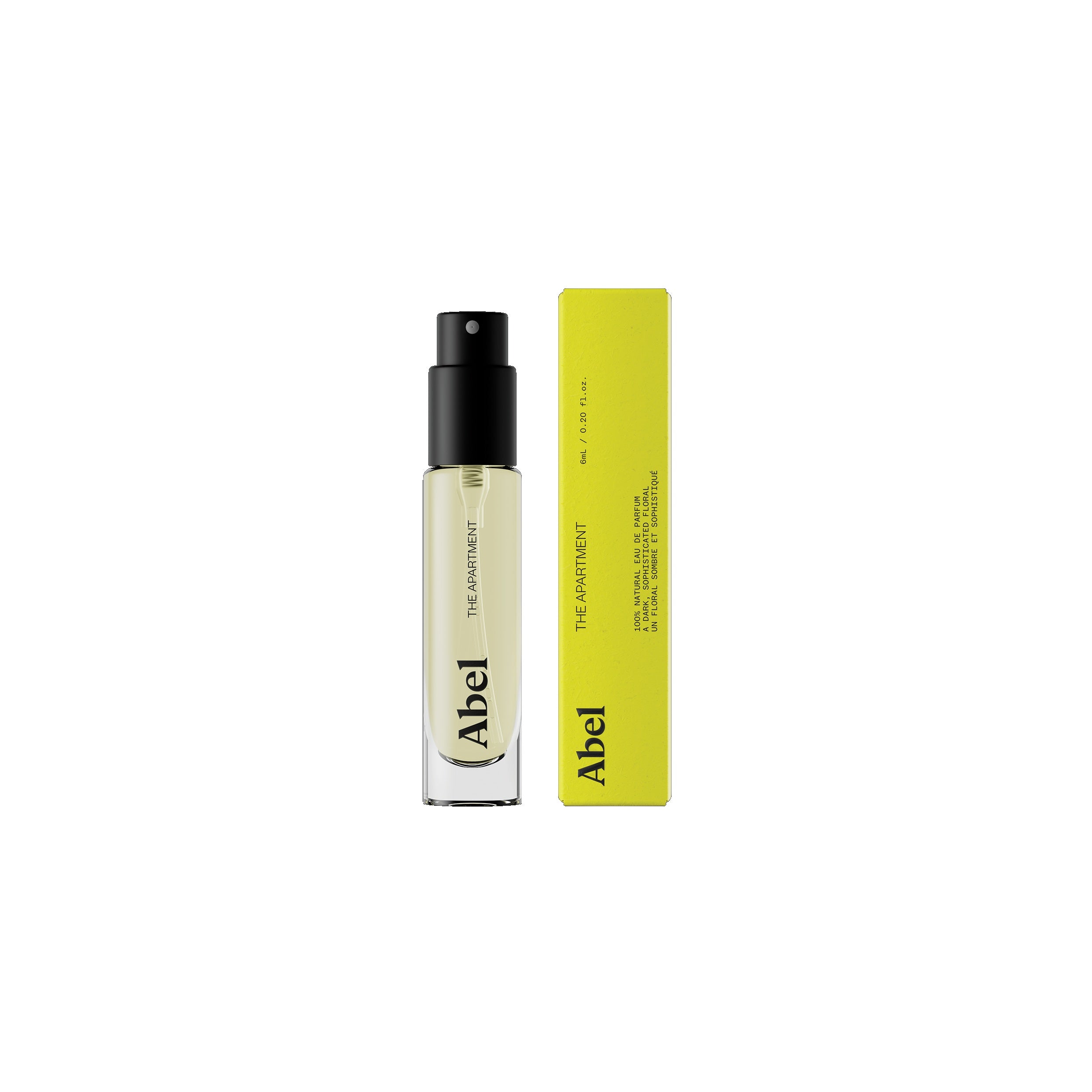Abel The Apartment Eau de Parfum – klares Glasfläschchen 6ml, schwarzer Sprühkopf, gelbe Verpackung, weißer Hintergrund – Parfüm