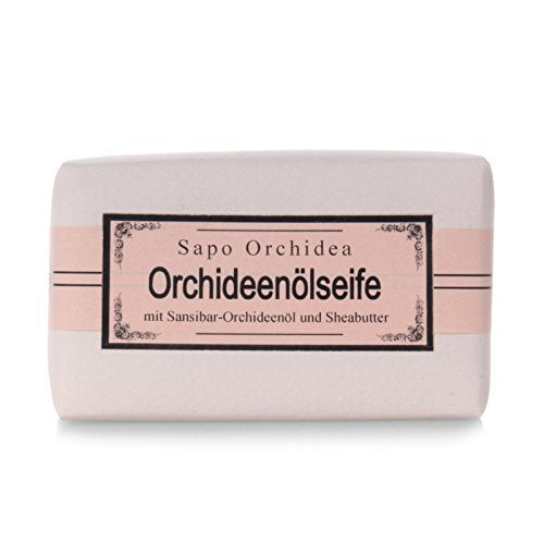 Sapo Orchidea Orchideenölseife – cremefarbene Seife mit rosa Etikett, weißem Hintergrund – Hautpflege