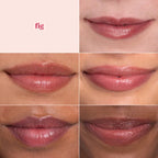 fig Lip Shimmer – various lip shades on different skin tones, pink background – lip care