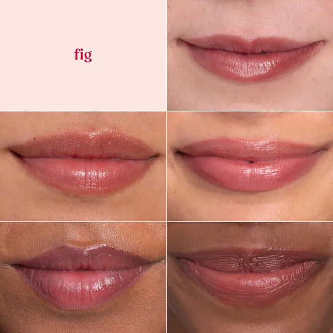 fig Lip Shimmer – verschiedene Lippenfarben auf unterschiedlichen Hauttönen, rosafarbener Hintergrund – Lippenpflege