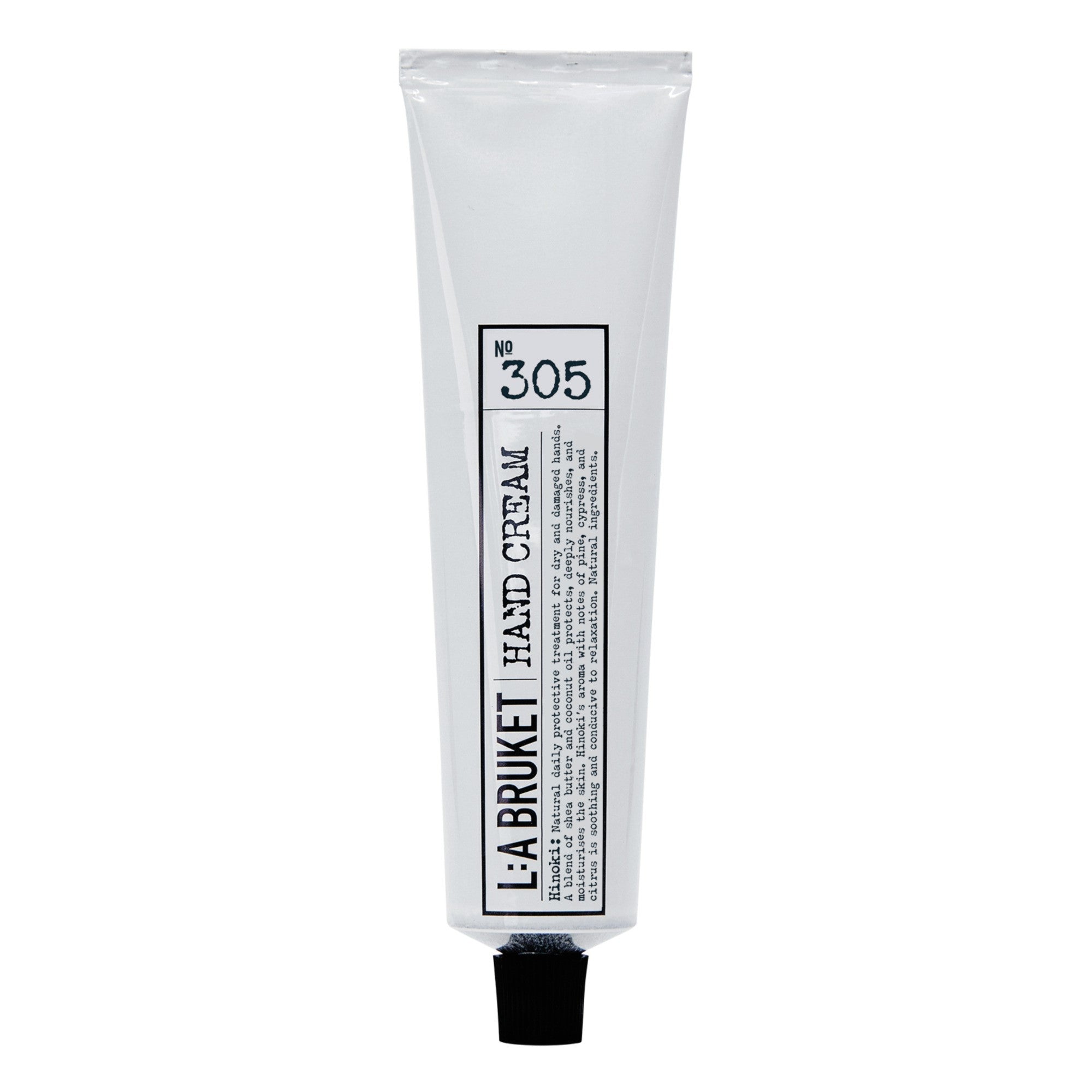 L:A BRUKET Hand Cream No. 305 Hinoki – white tube with black cap, white background – hand care