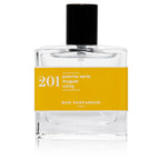 Bon Parfumeur 201 Green Apple – klares Glasfläschchen 30ml, schwarzer Sprühkopf, gelbes Etikett, weißer Hintergrund – Parfüm
