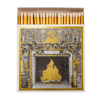 Fireside Matches – white box with gold-black fireplace design, open with wooden matches – Home Decor