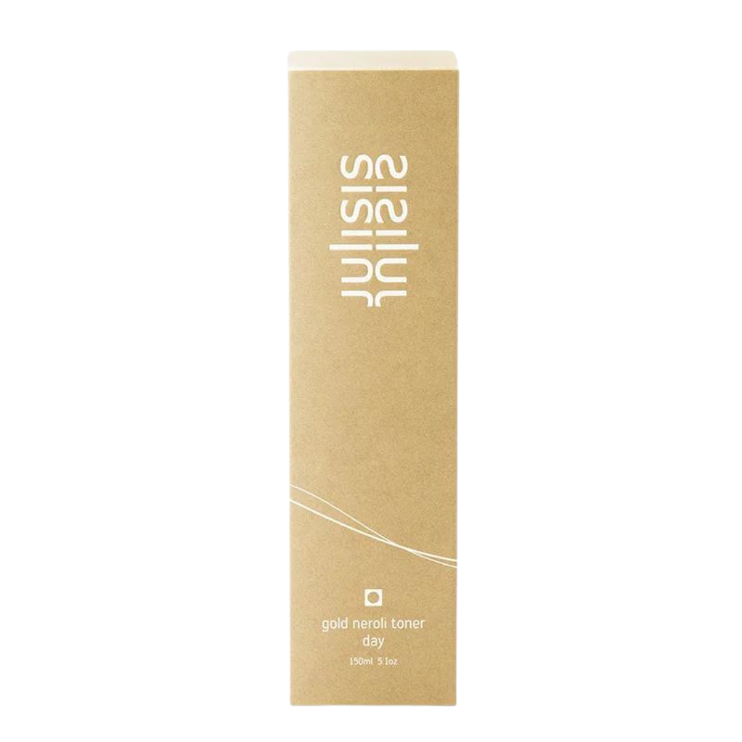 Julisis Gold Neroli Toner Verpackung – goldfarbenes Karton 150ml, weißer Hintergrund – Hautpflege