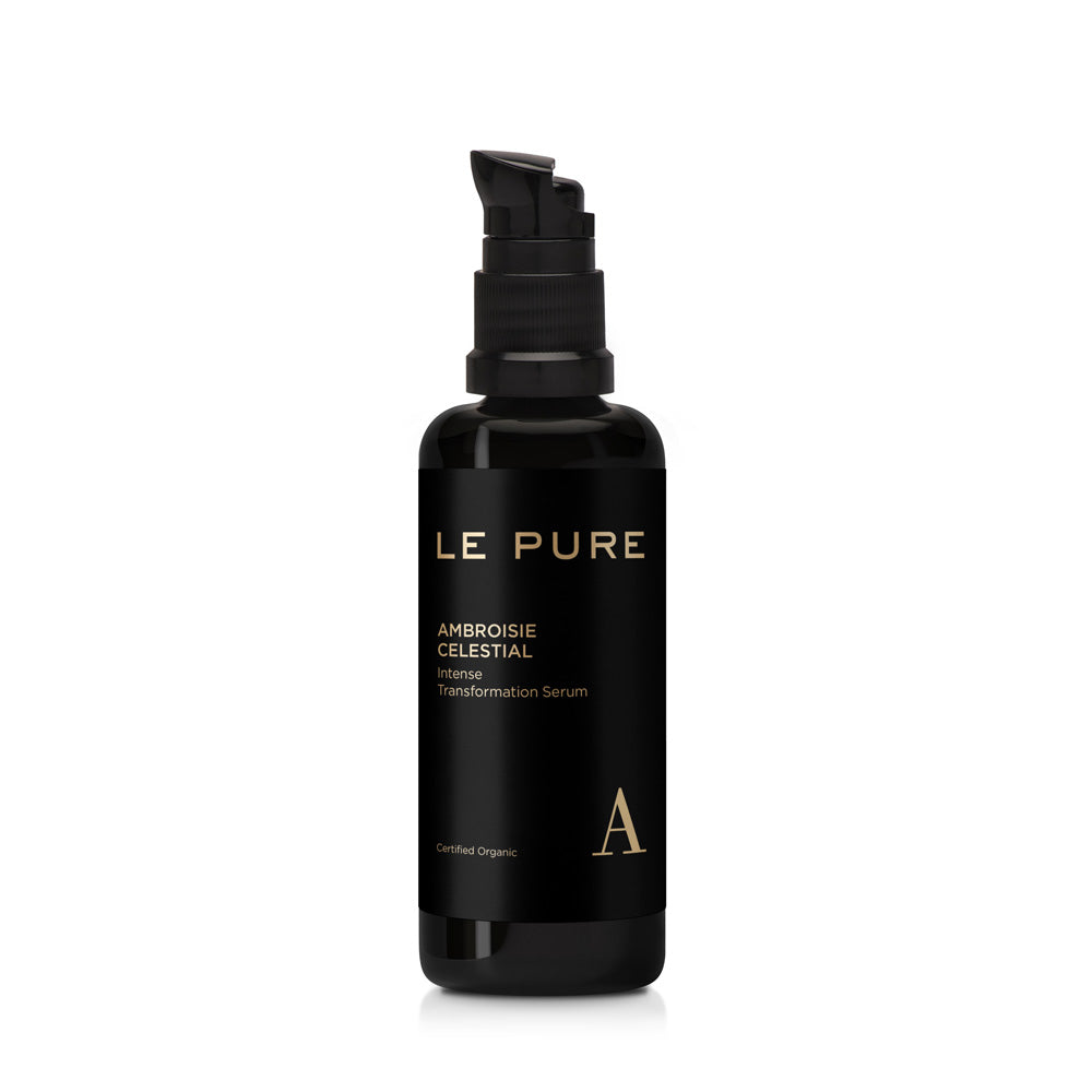 Le Pure Ambroisie Celestial – black bottle with pump dispenser, gold lettering, white background – serum
