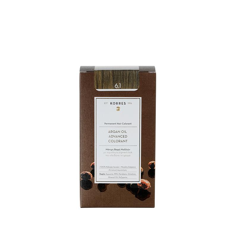 KORRES Arganöl-Haarfarbe 6.1 – braune Kartonverpackung, weißes Etikett, weißer Hintergrund – Haarpflege
