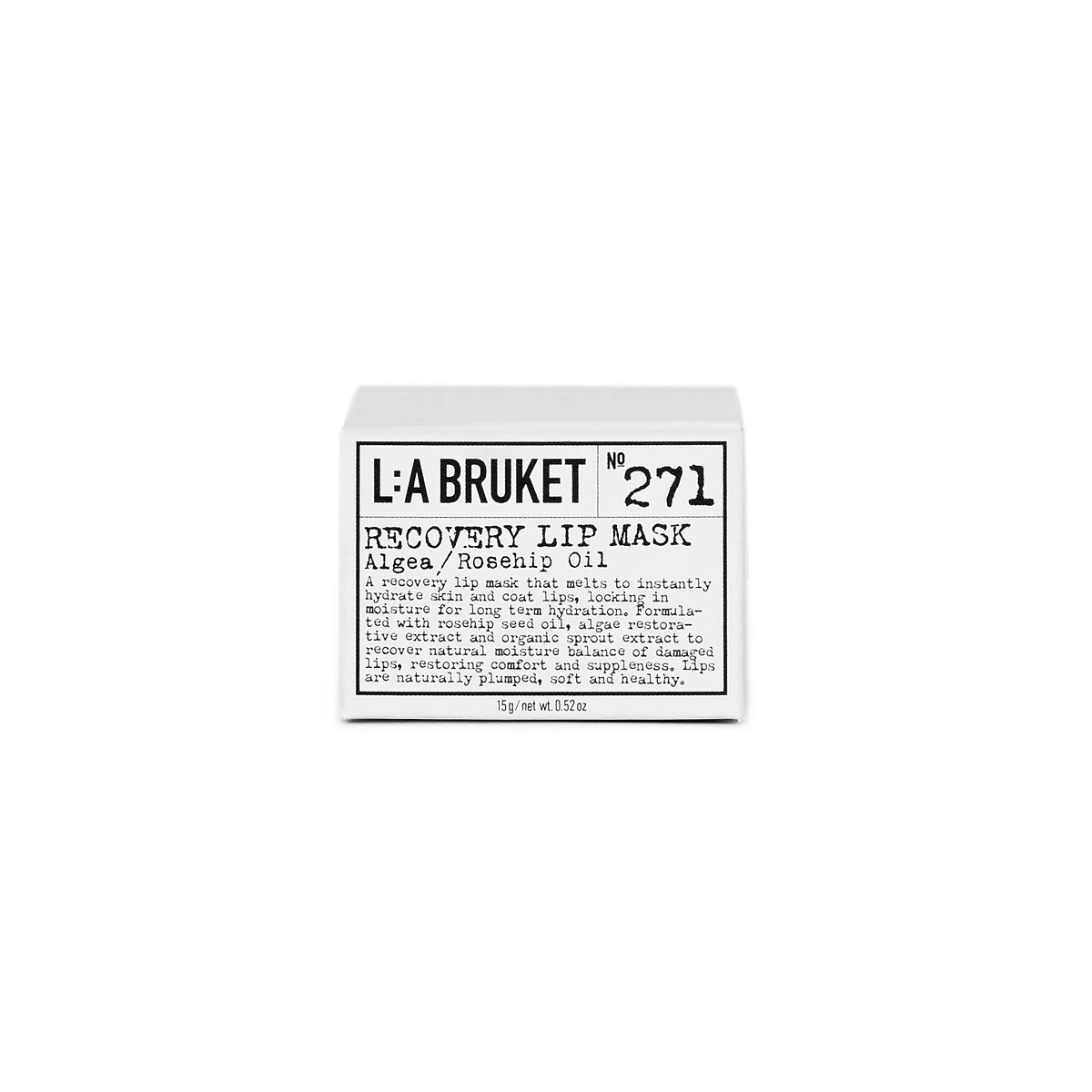 L:A Bruket No. 271 Recovery Lip Mask – weißer Karton 15g, schwarzer Text, weißer Hintergrund – Lippenpflege