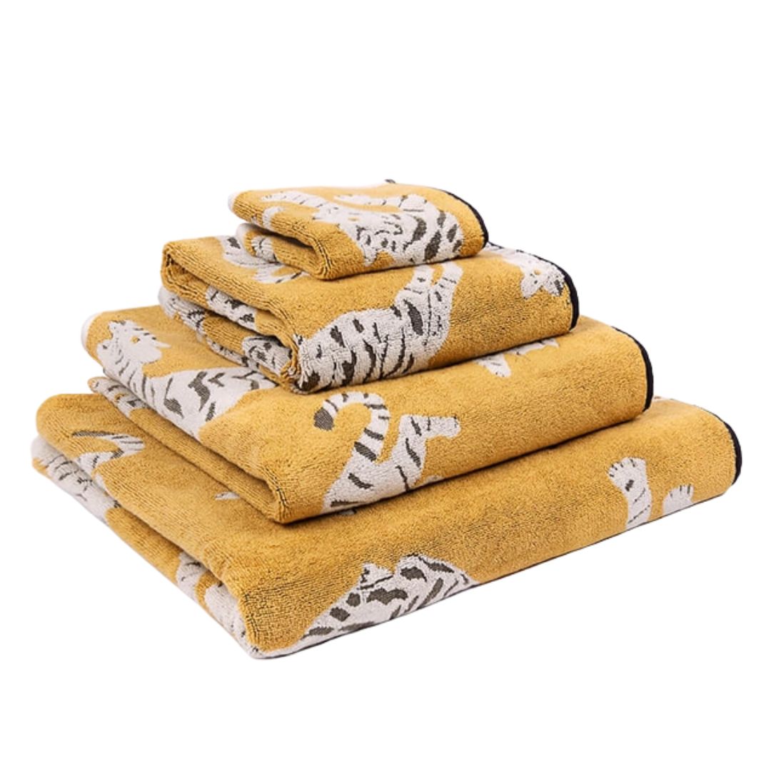 Tigers Organic Cotton Bath Towels with tiger print, mustard yellow, white background – bath towels