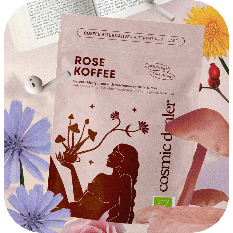 Rose Koffee von cosmic dealer – rosafarbene Standbeutelverpackung, koffeinfrei, mit Blumenmotiv – Gesundheit & Wohlbefinden
