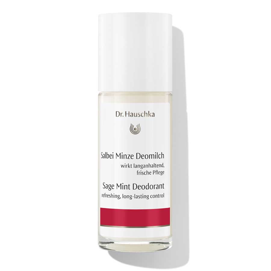Dr. Hauschka Salbei Minze Deomilch – klares Glasfläschchen mit weißem Roll-on-Deckel, roter Akzentleiste, weißem Hintergrund – Deo