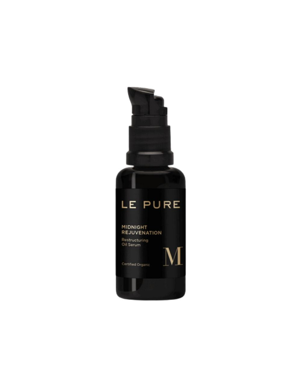 LE PURE Midnight Rejuvenation – schwarze Glasflasche 30ml, Pumpspender, weißer Hintergrund – Hautpflege