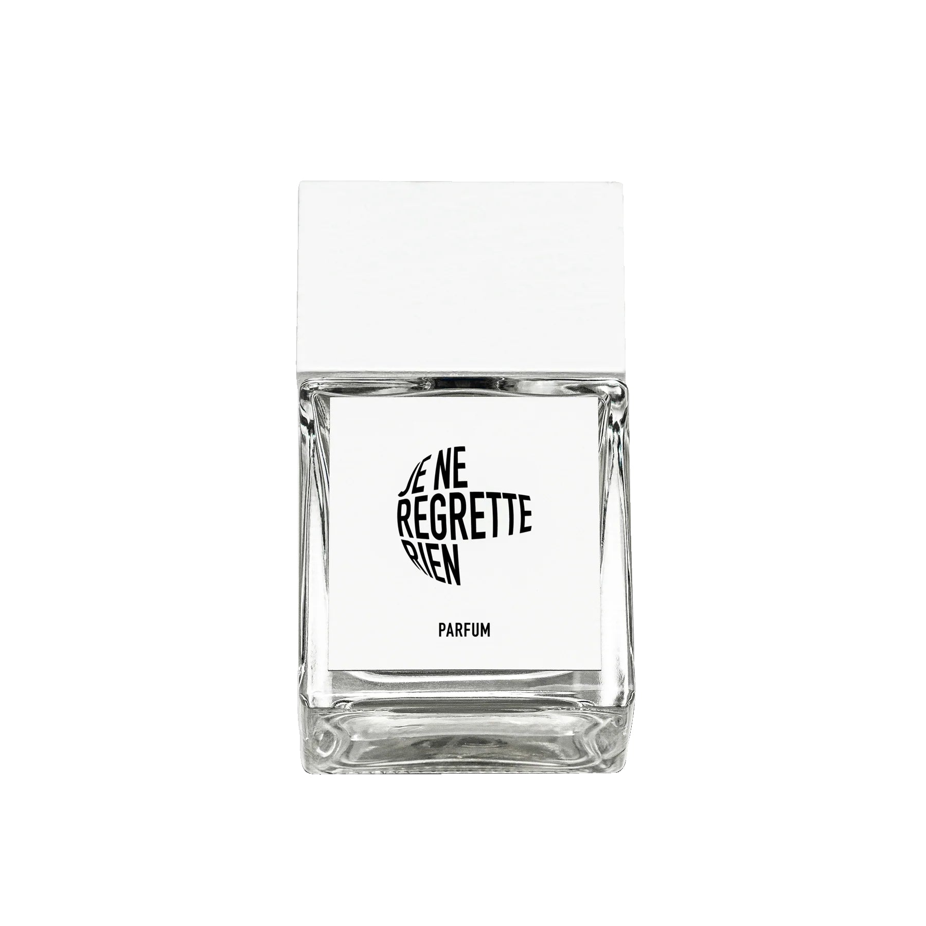 Je Ne Regrette Rien Parfum – clear glass bottle with white cap, white background – perfume