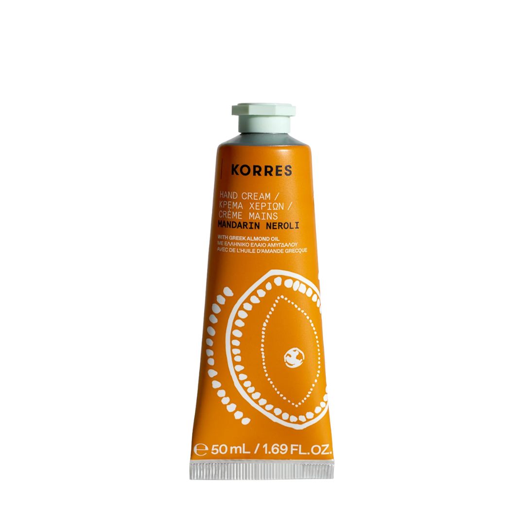 KORRES Hand Cream Mandarin Neroli – orange tube 50ml, light gray cap, white background – hand care