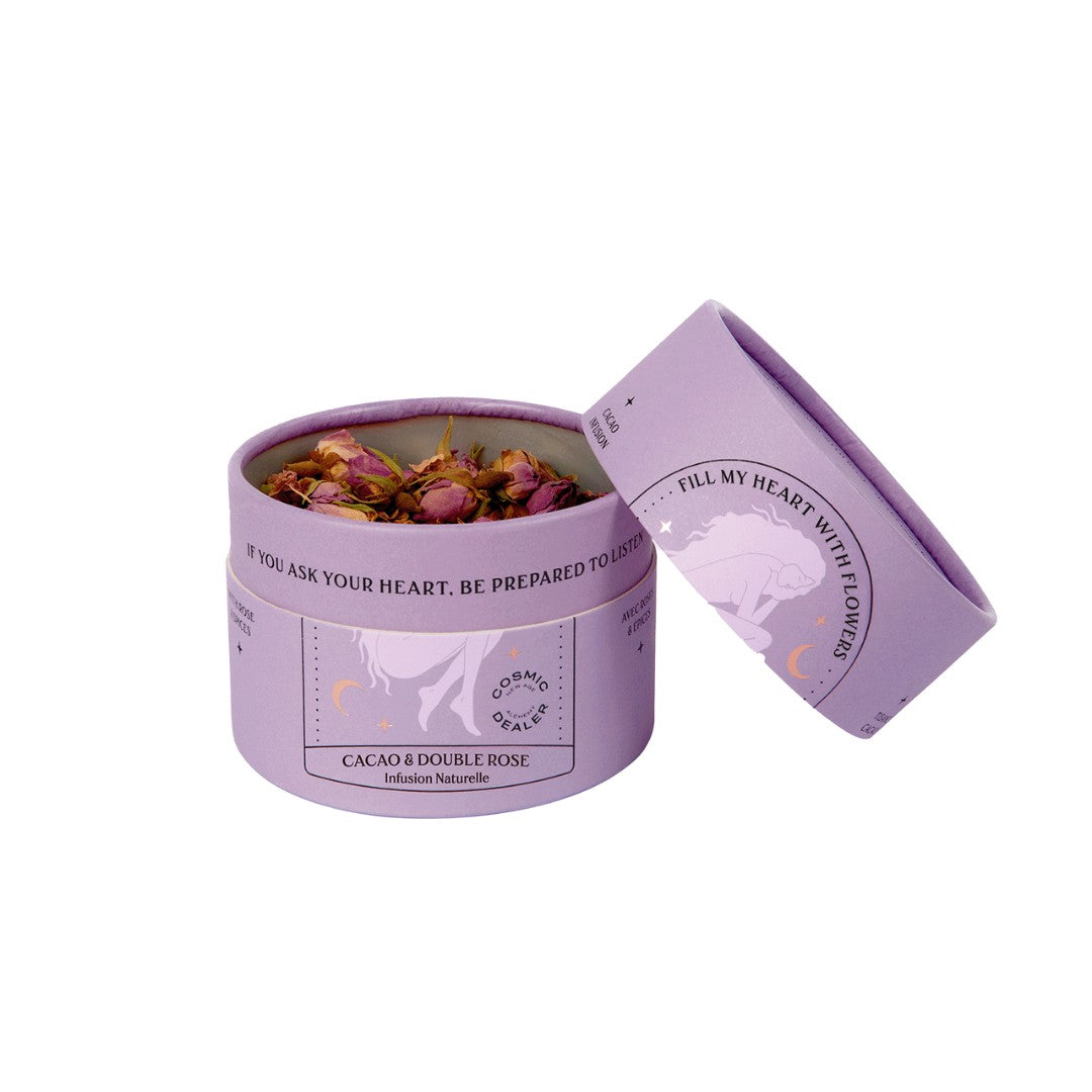 Cosmic Dealer Cacao & Double Rose Ayurveda-Tee – lila Zylinderbox mit Deckel, weißer Hintergrund – Wellness-Tee