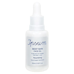 Ipsum Best Skin Face Oil – weißes Glasfläschchen 30ml mit Pipettenverschluss, weißer Hintergrund – Gesichtspflege