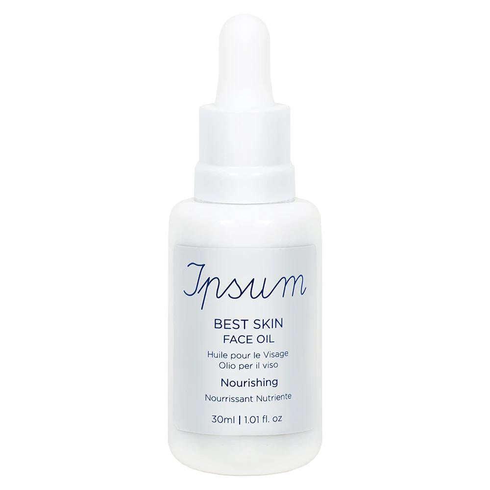 Ipsum Best Skin Face Oil – weißes Glasfläschchen 30ml mit Pipettenverschluss, weißer Hintergrund – Gesichtspflege