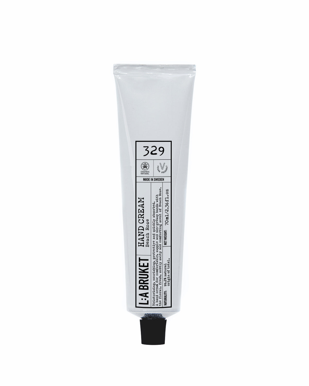 L:A BRUKET Handcreme No. 329 Beach Rose – weiße Tube 70ml, schwarzer Verschluss, weißer Hintergrund – Handpflege