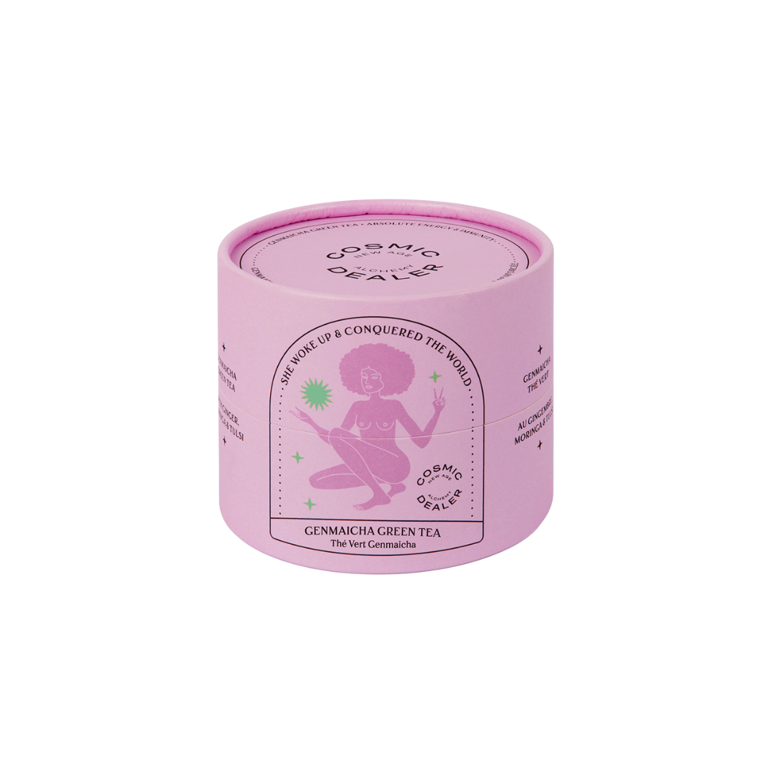 Cosmic Dealer She Woke Up & Conquered the World Green Tea – rosafarbene Dose, weißer Hintergrund – Tee
