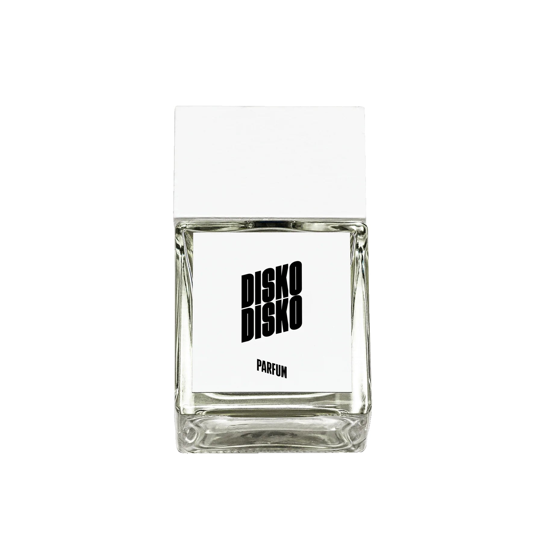 Disko Disko Parfum – klares Glasflakon 50ml, weißer Deckel, weißer Hintergrund – Parfüm