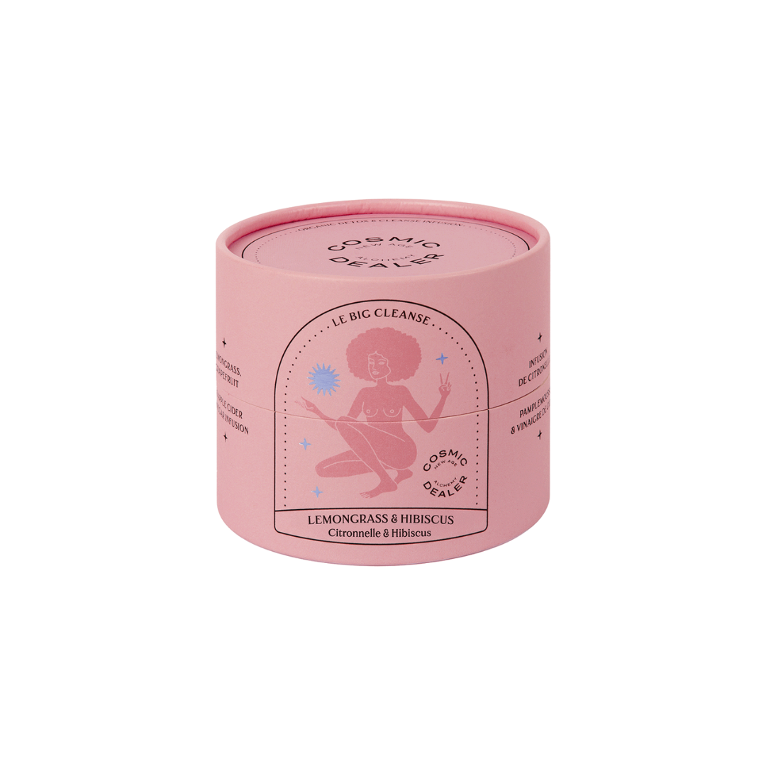 Cosmic Dealer Le Big Cleanse – pink cylindrical container, white background, Lemongrass & Hibiscus – skin care